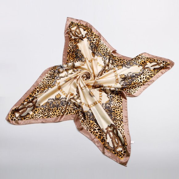 ❤️5/$15💚 Animal Print and Chains Cream Tan Gold Satin Square Scarf Hair Tie - Picture 4 of 4